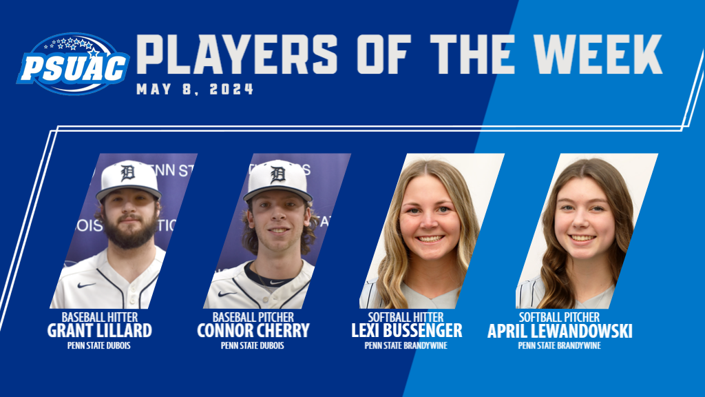 PSUAC Players of the Week for Spring Championship weekend include, from left: Penn State DuBois Grant Lillard, DuBois' Connor Cherry, Penn State Brandywine's Lexi Bussenger and Brandywine's April Lewandowski.