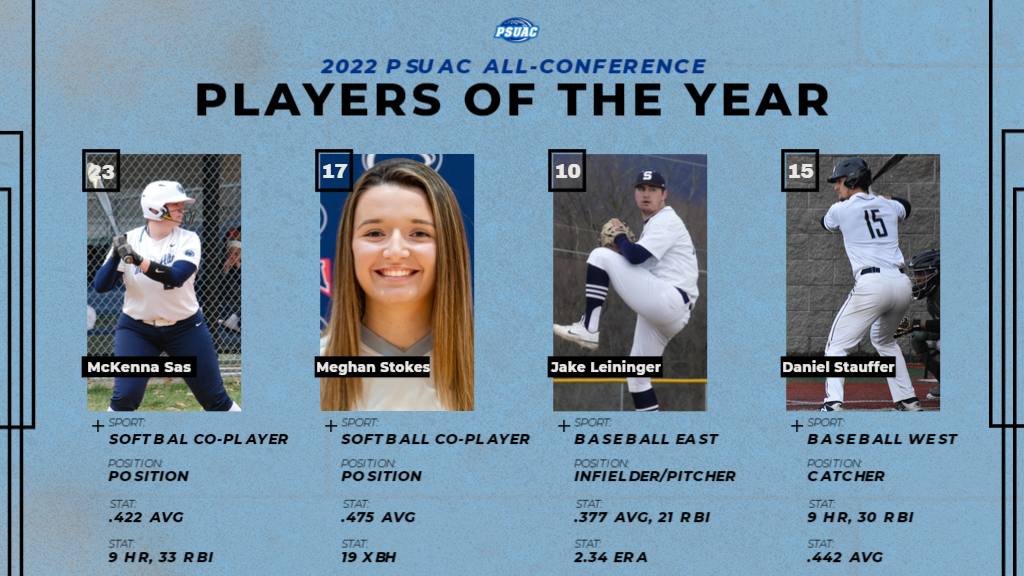 PSUAC Baseball and Softball Players of the Year, from left: McKenna Sas, Penn State Mont Alto, Softball Co-Player of the Year; Meghan Stokes, Penn State Schuylkill, Softball Co-Player of the Year; Jake Leininger, Penn State Schuylkill, Baseball East Division Player of the Year; and Daniel Stauffer, Penn State DuBois, West Division Player of the Year.