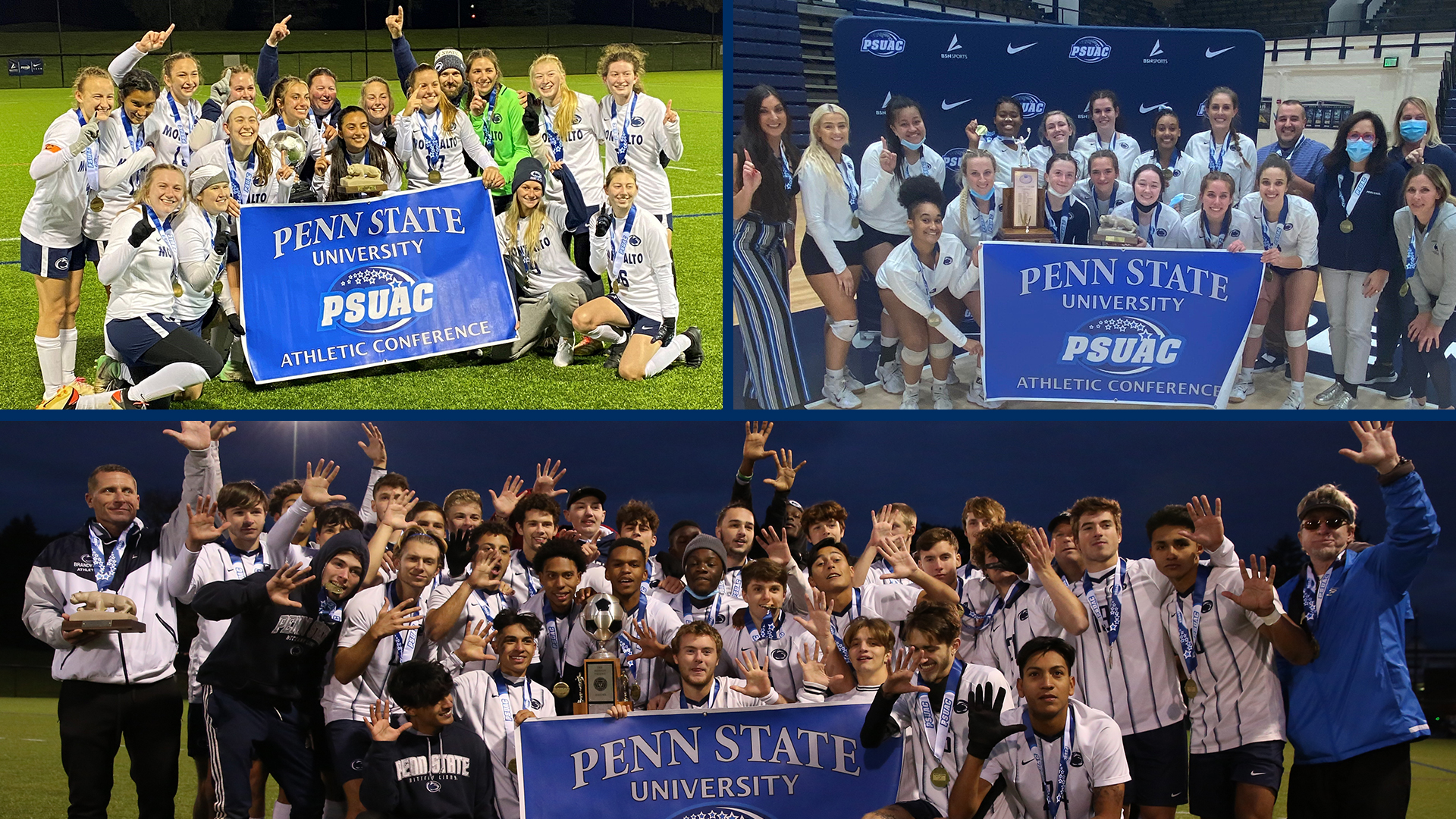 Pictured, listed clockwise from top left, the 2021 PSUAC Champions: PSUAC Women's Soccer Champions Penn State Mont Alto; PSUAC Volleyball Champions Penn State Greater Allegheny; PSUAC Men's Soccer Champions Penn State Brandywine.