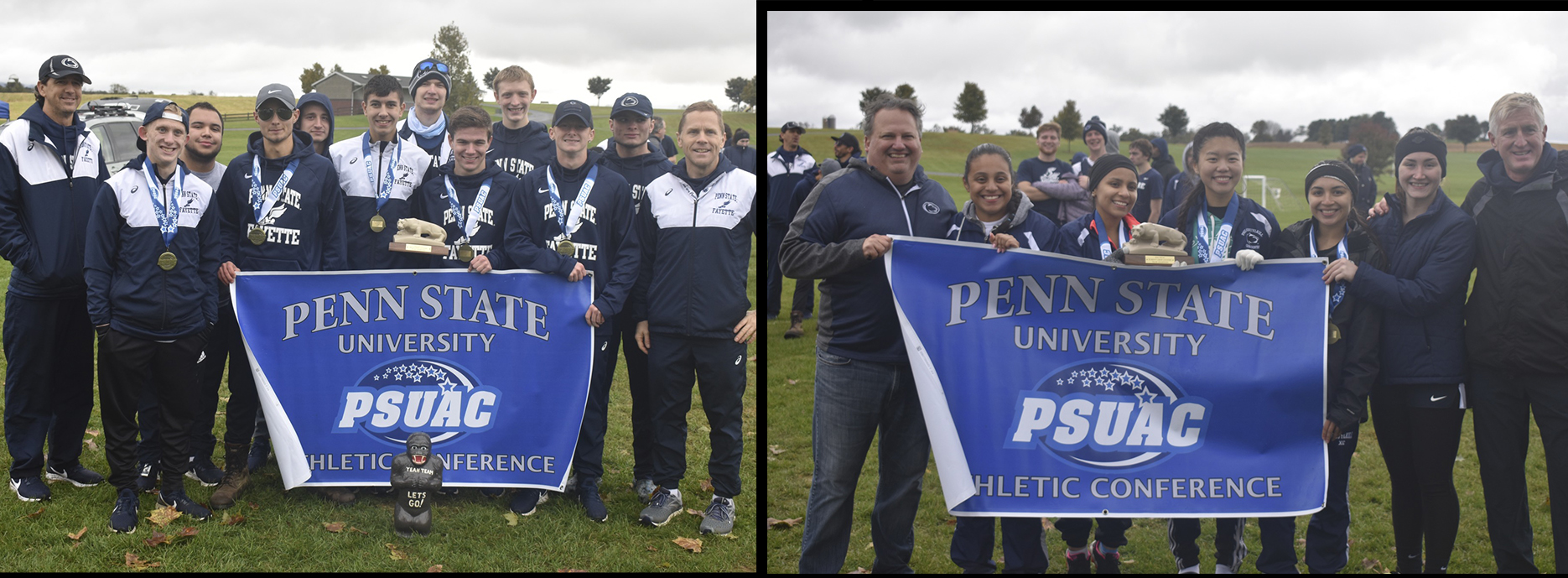 Penn State Fayette Men's Cross Country (L) and Schuylkill Women's Cross Country (R), the 2018 PSUAC Cross Country Champions.