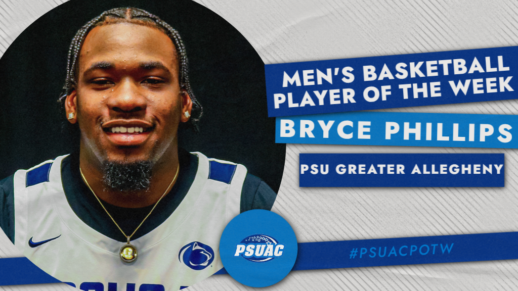 Penn State Greater Allegheny's Bryce Phillips was named PSUAC Men's Basketball Player of the Week on December 5, 2023.