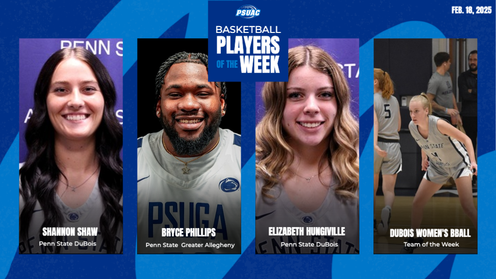 PSUAC Players of the Week for February 18th are, from left: Penn State Dubois Shannon Shaw, Penn State Greater Allegheny's Bryce Phillips, Penn State Dubois Elizabeth Hungiville, and the Penn State DuBois women's basketball team.