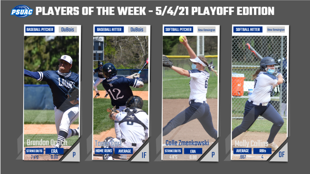 This week's Players of the Week (5/4/21) are Penn State DuBois' Brandon Orsich and Toner Corl and Penn State New Kensington's Calle Zmenkowski and Molly Collins.