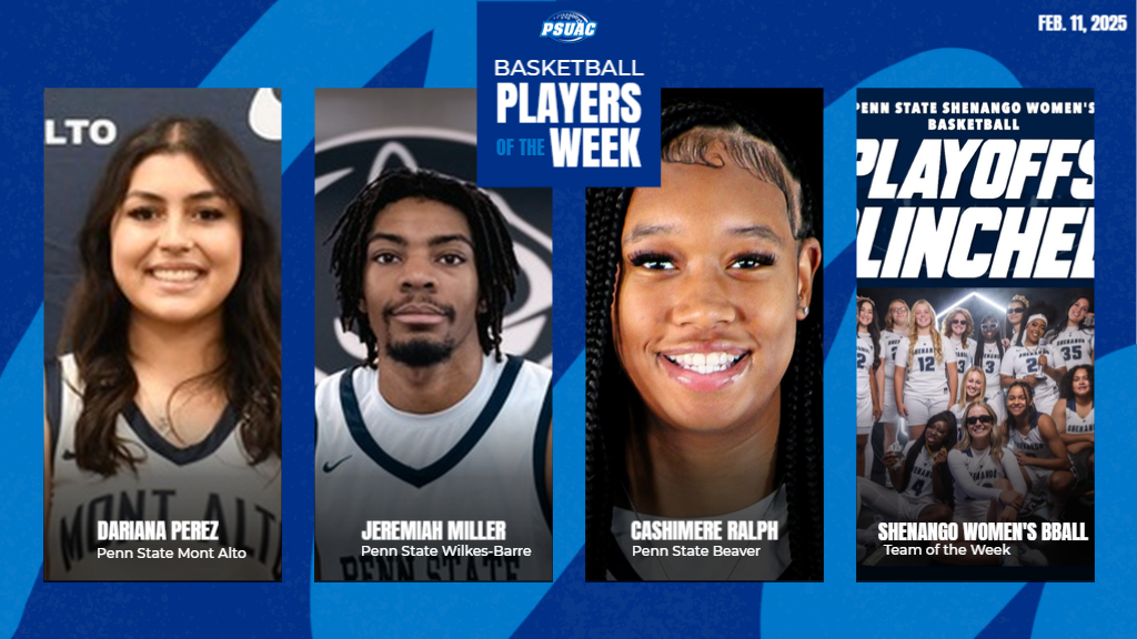 PSUAC Players of the Week for February 11th are, from left: Penn State Mont Alto's Dariana Perez, Penn State Wilkes-Barre's Jeremiah Miller, Penn State Beaver's Cashimere Ralph and the Penn State Shenango women's basketball team.