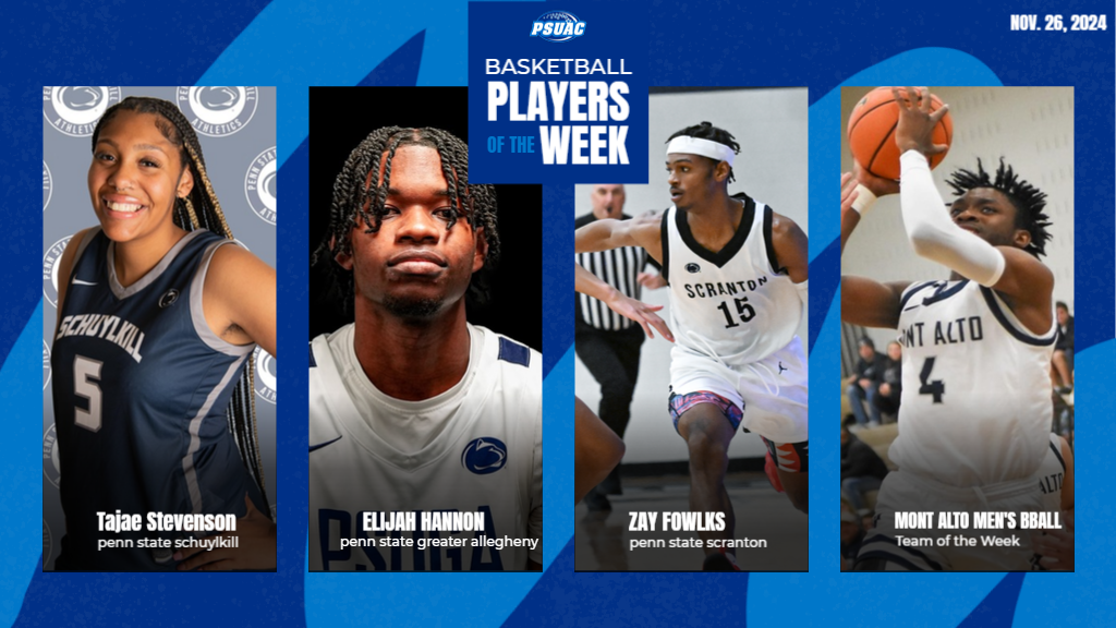 The PSUAC named four standouts as Players of the Week on November 26, 2024. They include, from left, Penn State Schuylkill's Tajae Stevenson, Penn State Greater Allegheny's Elijah Hannon, Penn State Scranton's Zay Fowlks and Penn State Mont Alto's men's basketball team.