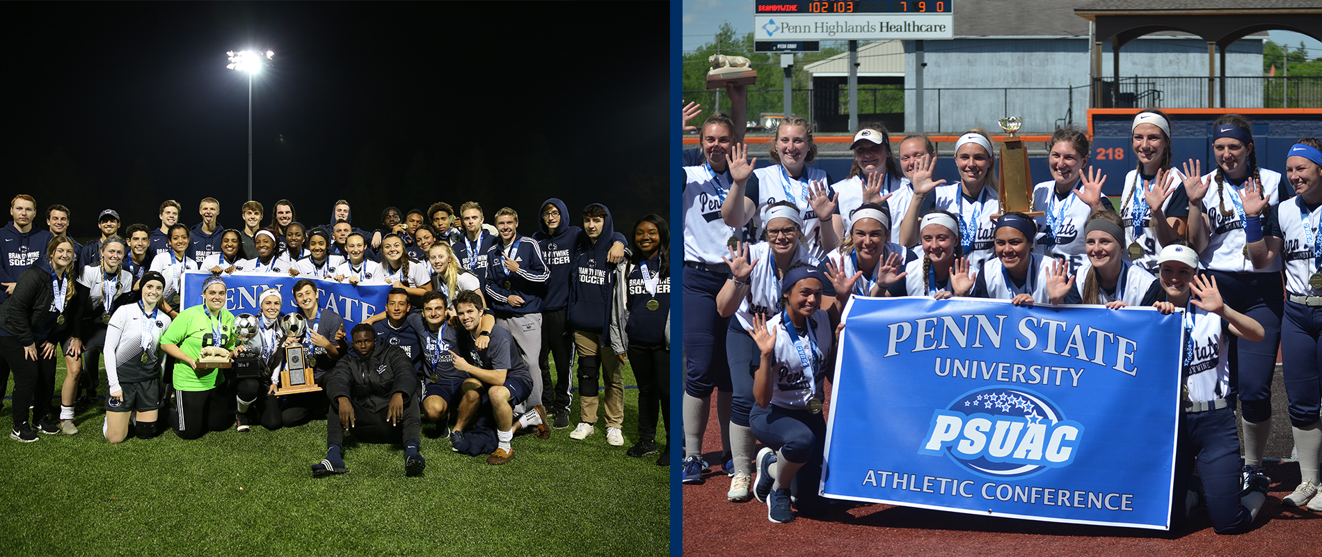 Penn State Brandywine's men's and women's soccer teams (L) and softball team (R) pose after their conference tournament title victories.