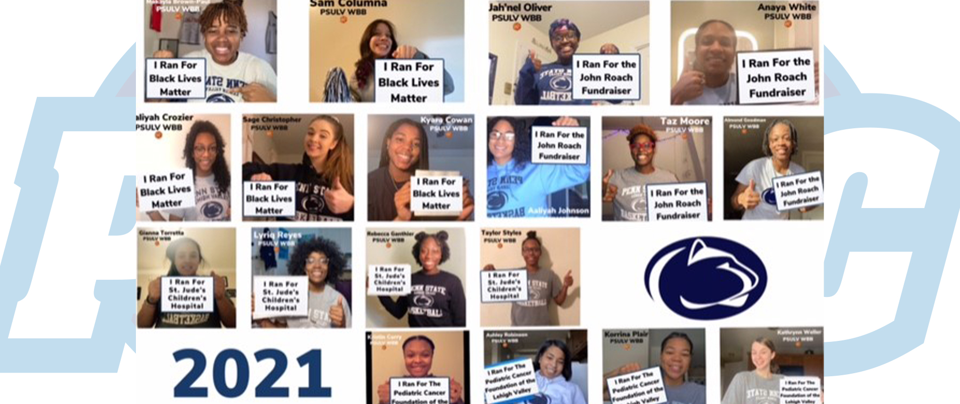 Penn State Lehigh Valley women's basketball players hold up signs to show what charity causes they ran for during their most recent fundraising effort.