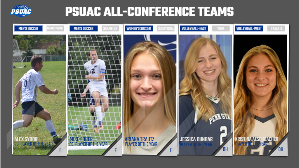 The PSUAC has announced its All-Conference teams for fall 2021 sports. Pictured are this year's Players of the Year, from left: Alex Sydor, Brandywine; Mike Foder, Scranton; Ariana Trautz, Schuylkill; Jessica Dunbar, York; and Kristina Aeschbacher, Fayette.