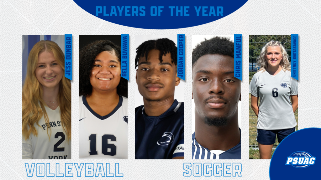 The PSUAC recently announced its 2022 Fall All-Conference teams. Players of the Year are pictured, from left: East Division Volleyball Player of the Year Jess Dunbar, Penn State York; West Division Volleyball Player of the Year Bella Buwawa, Penn State Fayette; Co-Men's Soccer Players of the Year Jordan Cooper, Penn State New Kensington and Chris Manful, Penn State Brandywine; Women's Soccer Player of the Year Brittney Bartasavage.