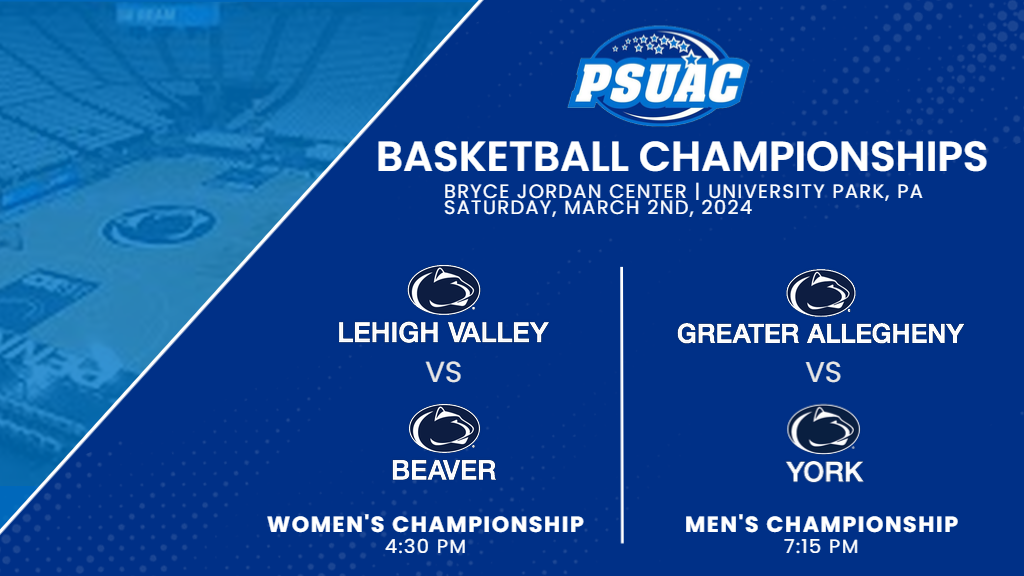 PSUAC Championship graphic including 2024 PSUAC Basketball Championship details.
