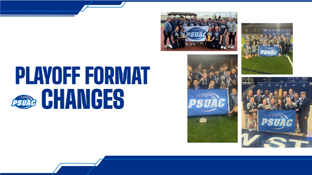 Playoff format changes graphic displaying four recent PSUAC champions, clockwise from top left: Penn State DuBois softball, Penn Schuylkill women's soccer, Penn State Hazleton volleyball and Penn State Lehigh Valley men's soccer.