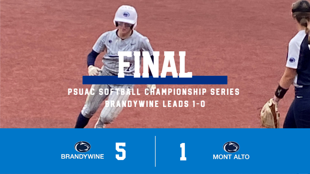 Penn State Brandywine player rounds third base in this PSUAC Softball Championship game graphic.